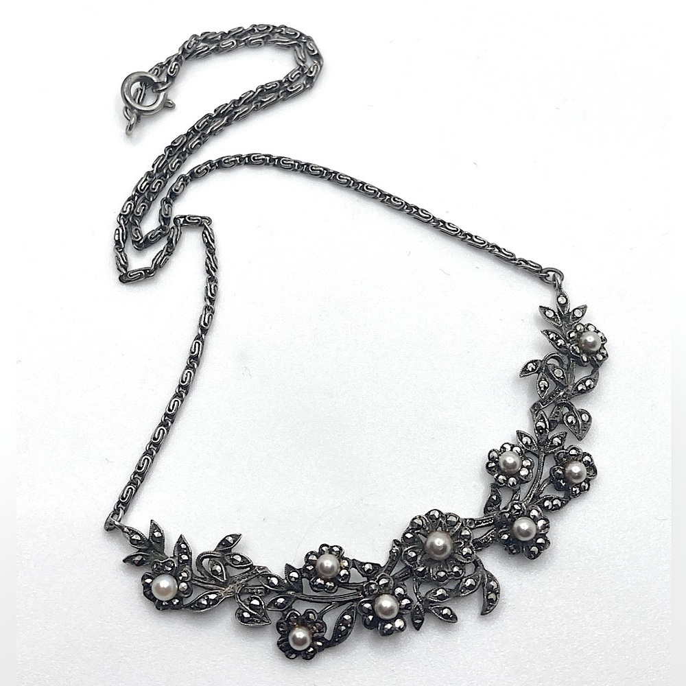 Vtg 1930s Sterling Art Deco Silver Marcasite Faux Pearl Floral Necklace 14”